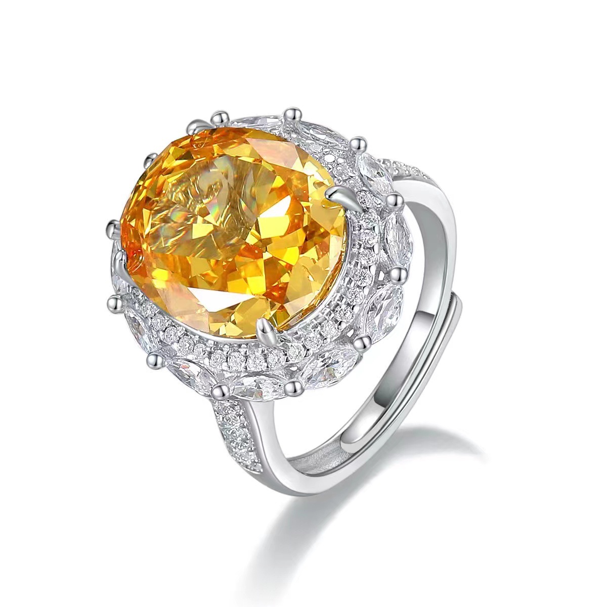 S925 Sterling Silver Ice Flower Cut Yellow High Carbon Diamond Ring, Fashionable Adjustable Open Band Design, Luxury Diamond Jewelry for Women