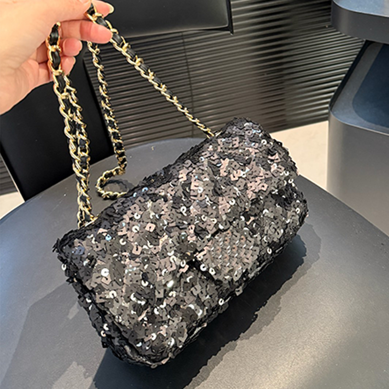 Sequined bag retro flip-top small square bag fashion chain commuter bag single-shoulder bag high-end handbag practical crossbody bag high-quality genuine leather bag