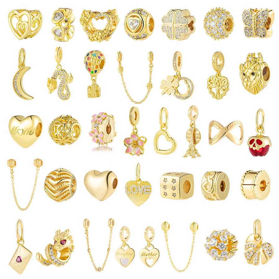 Golden Series DIY Charm Jewelry Gift Chinese DragonDouble Heart Split Dangle Bead Fit Original 925 Sterling Silver Pan BraceletXJ250523