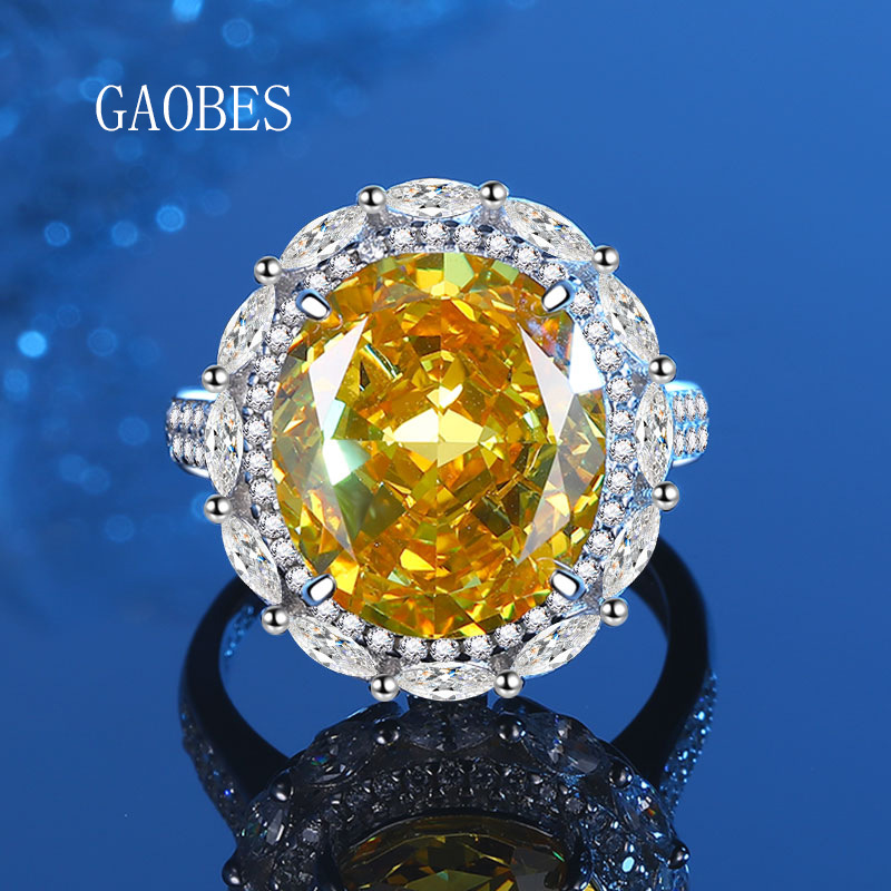 S925 Sterling Silver Ice Flower Cut Yellow High Carbon Diamond Ring, Fashionable Adjustable Open Band Design, Luxury Diamond Jewelry for Women