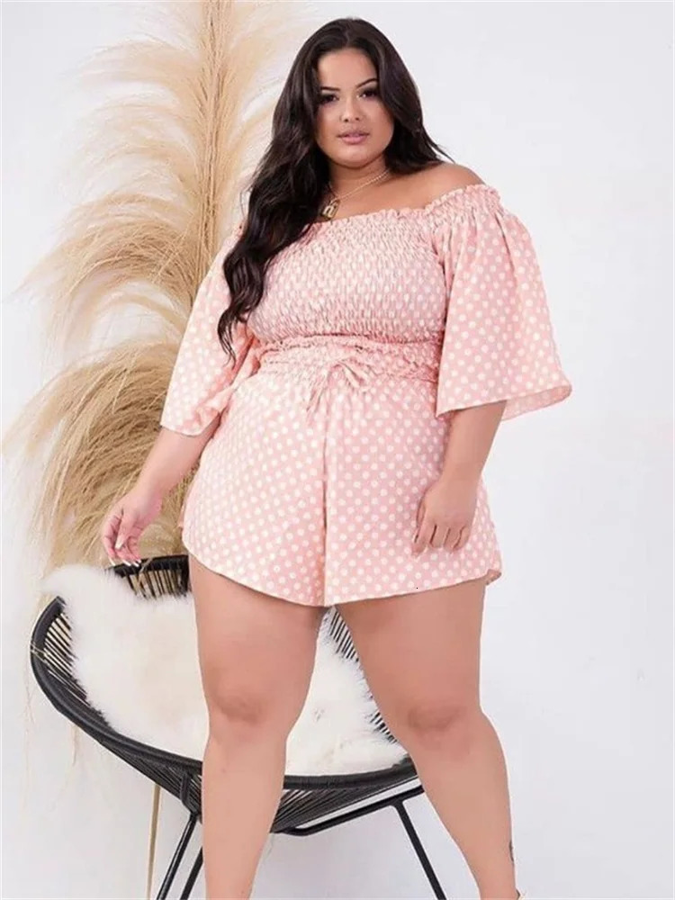 Wmstar Plus Size Two Piece Set Womens Clothing Off Shoulder Short Sets Dot Print Top Sweet Suit Summer Wholesale Drop 250516Z