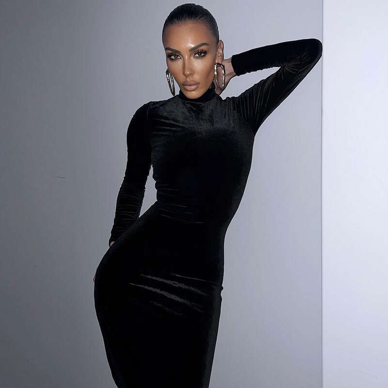Halter Whit Maxi Dresses Spring Velvet High Neck Long With Pleats Solid Color Slim Fit Sexy Temperament Zipper Wrapped Hip Dress Prom Sexy Dress