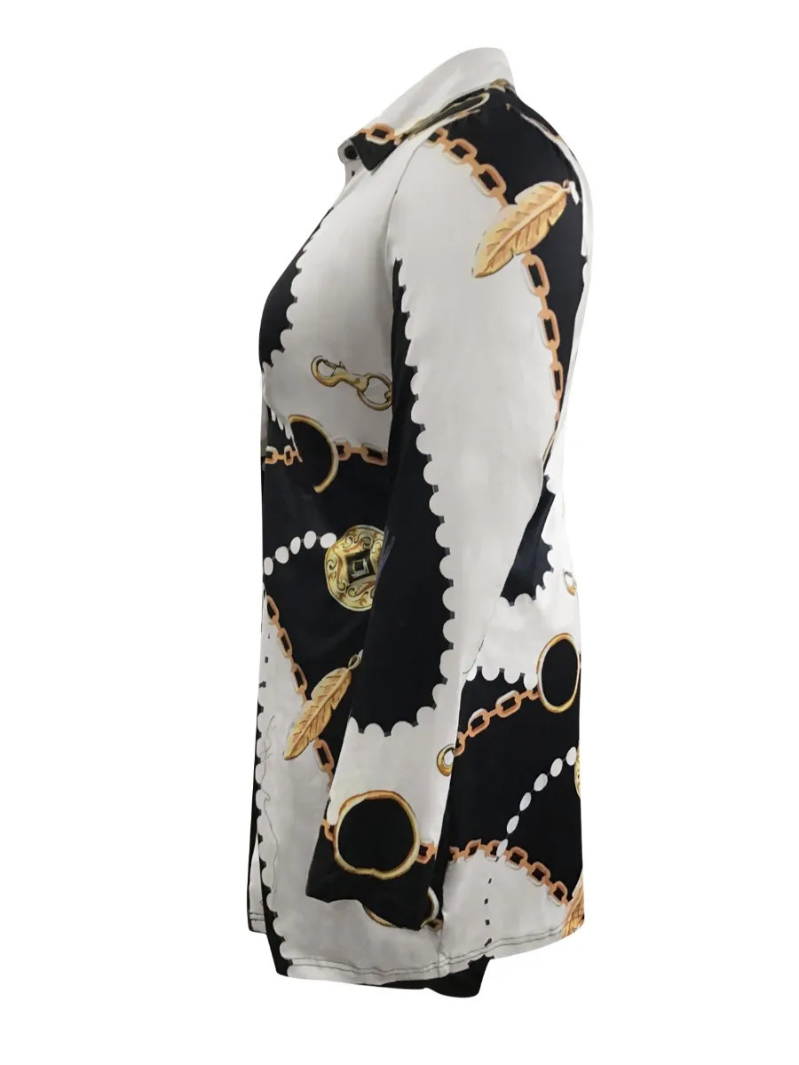 LW Plus Size Women Casual Autumn Winter Mixed Colour Turndown Collar Long Sleeve Chain Leaf Print Sexy Skinny Skirt Set 250516Z