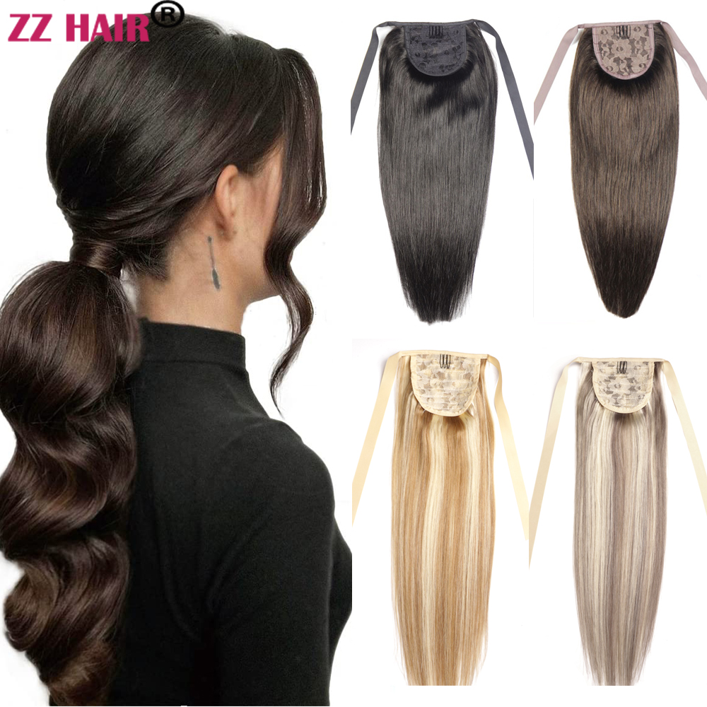 16"-24" Ribbon Ponytail Horsetail 60g-80g Clips in/on 100% Brazilian Remy Human hair Extension Natural Straight