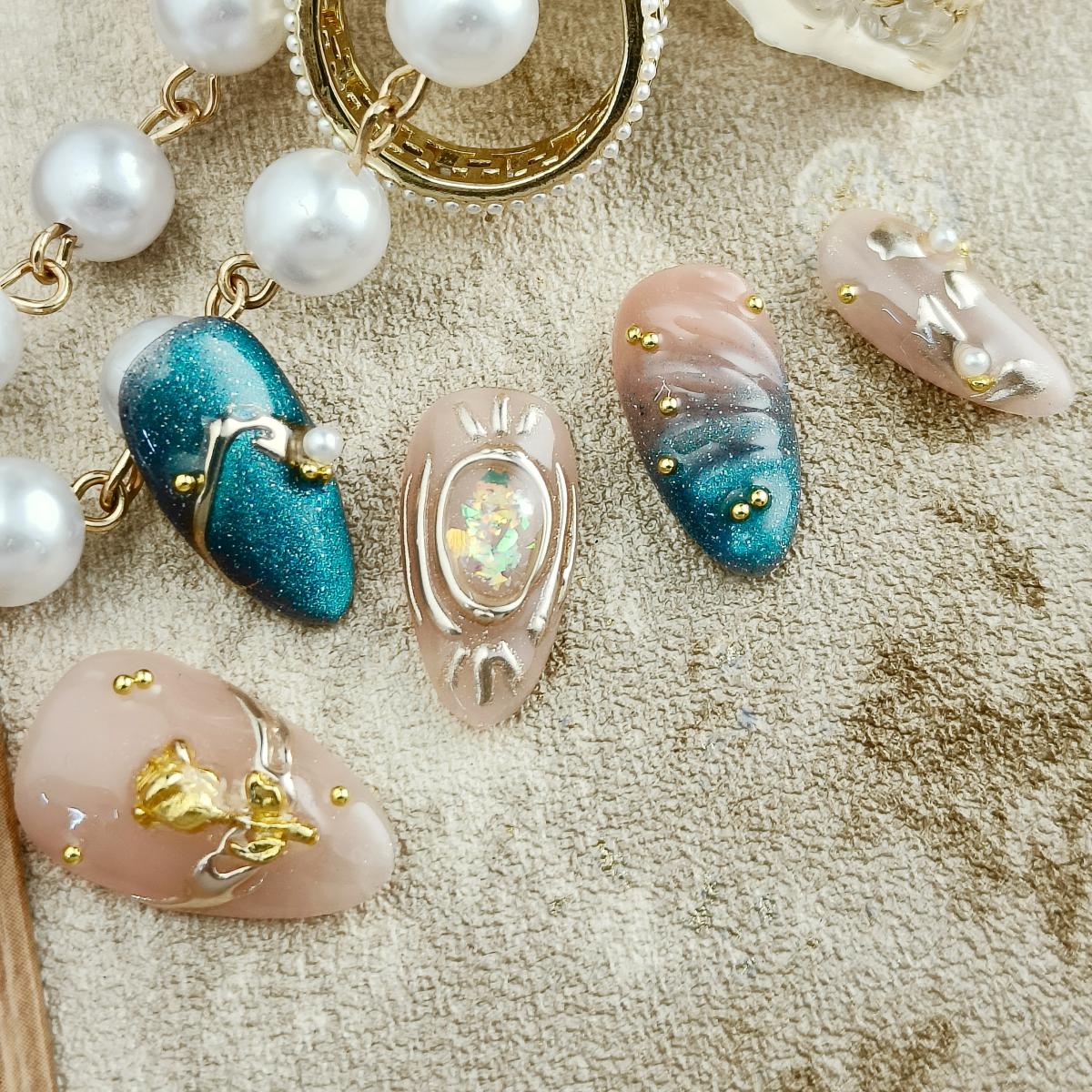 10pcs 3D Hand drawn Handmade Press-on nail Short Almond Nails Bundle 3D Rose Pearl Sweet Elegant Finished nail stickers Free storage box jelly glue na