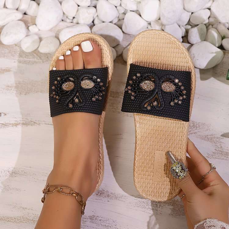 Exquisite Rhinestones Fashionable Linen Sandals Designer Sandals 2025 Home Anti Slip Flat Bottomed Silent New Chinese Style Four Season Women's S