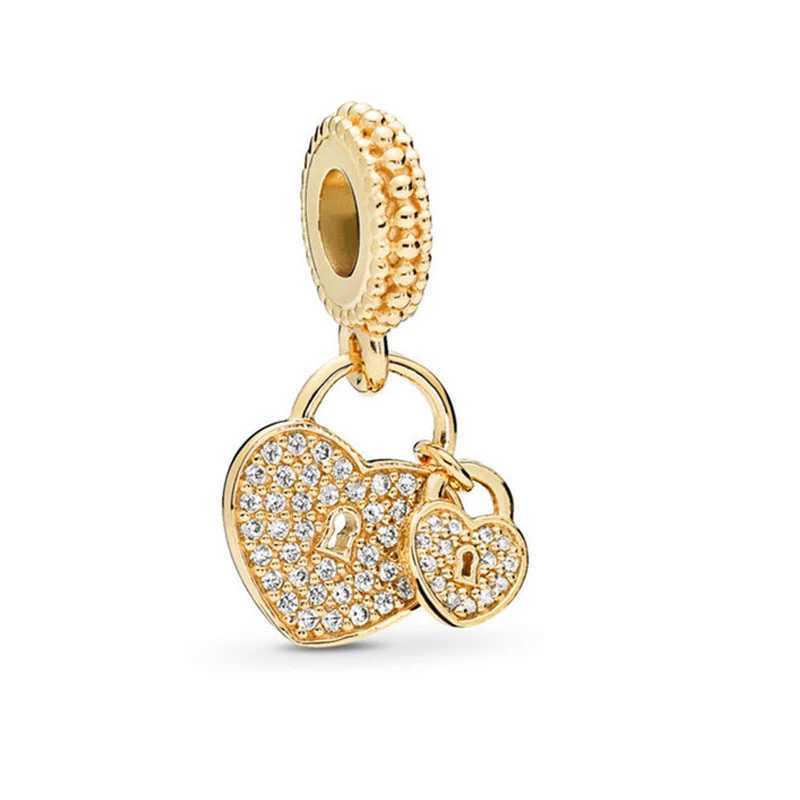 New Fine Sparkling Gold Family Pendant HeartShaped Charm Beads Fit Original European 925 Silver Bracelet DIY Women Jewelry GiftsXJ250523