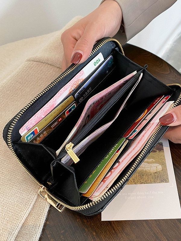 Ladies purse new simple fashion embroidery line long single zipper handbag large capacity wallet mobile phone bag 2025