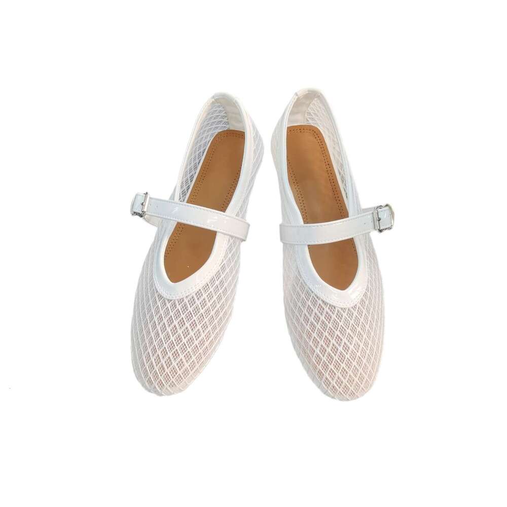 2024 Mesh strap shallow mouth fishing net sandals round toe Mary Jane flat sole single shoe ballet women's shoes