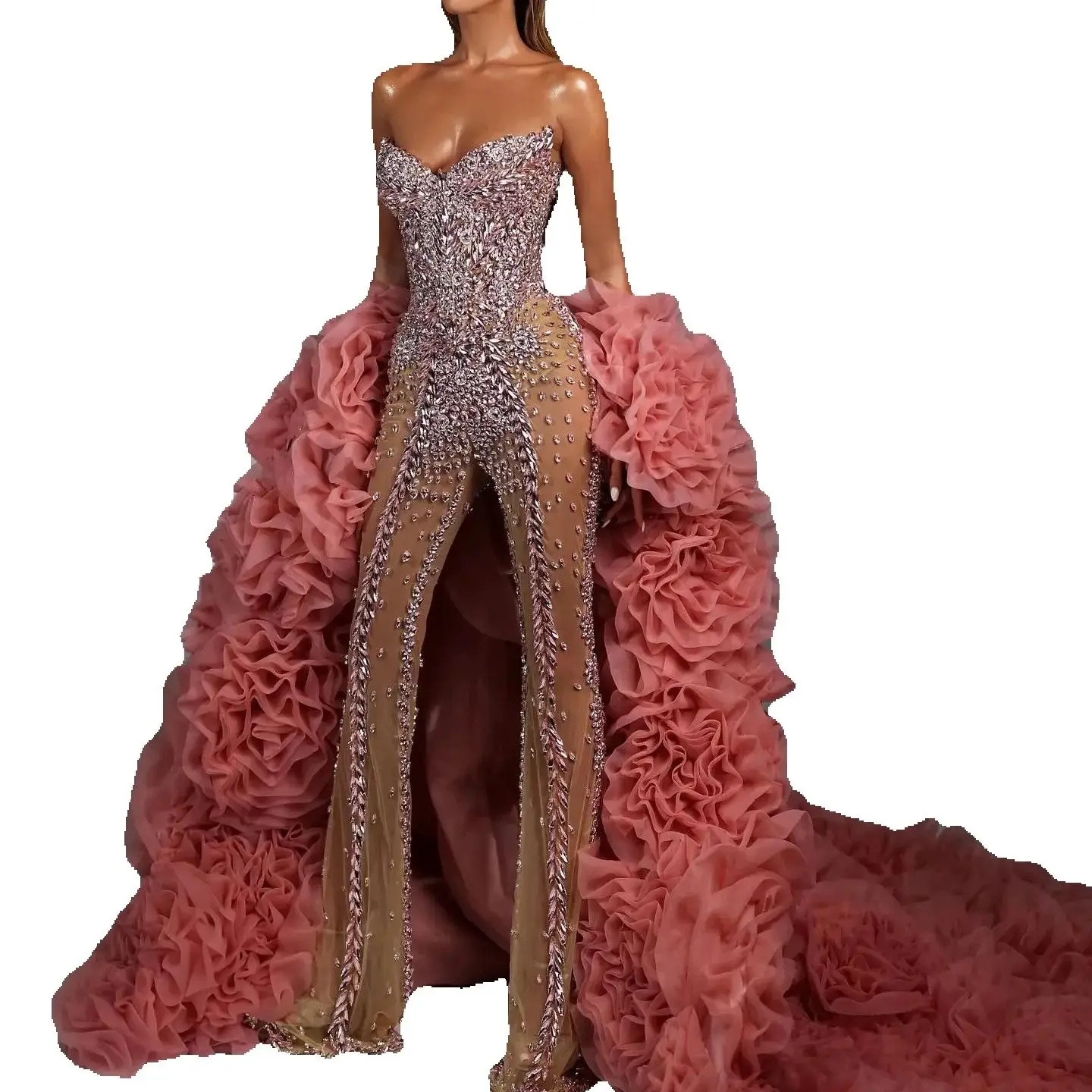 Stunning Crystal Jumpsuit Evening Dresses Elegant Strapless Prom Dress Backless Beaded Formal Party Dresses With Ruffles Cape