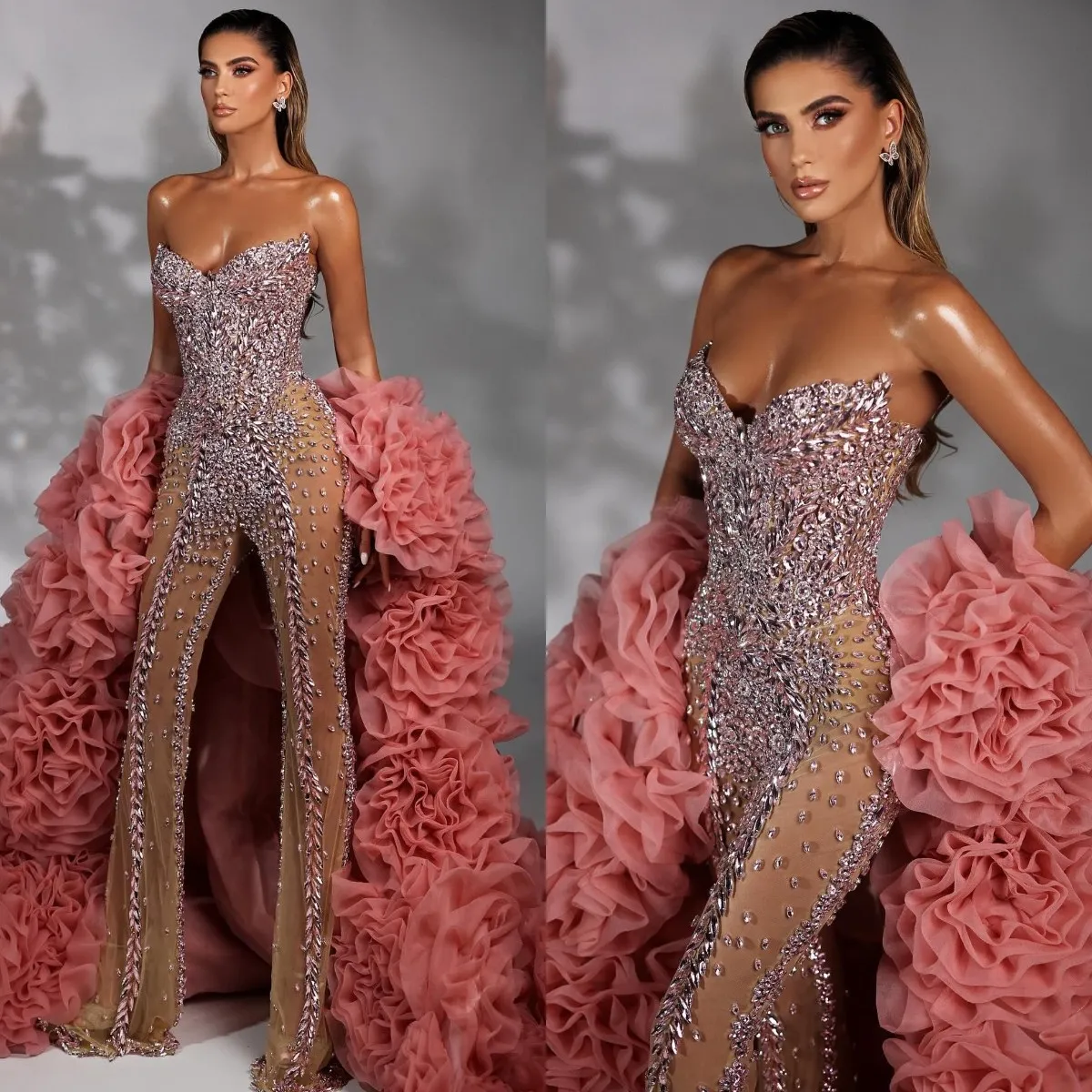Stunning Crystal Jumpsuit Evening Dresses Elegant Strapless Prom Dress Backless Beaded Formal Party Dresses With Ruffles Cape