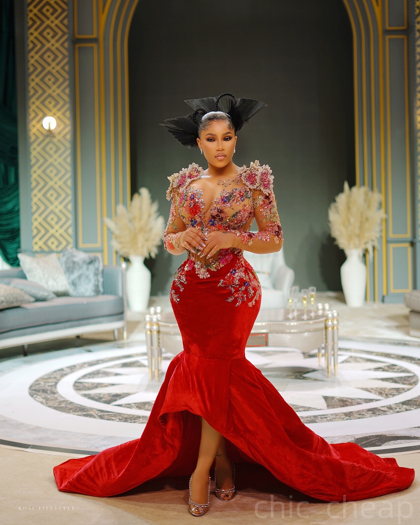 Red Mermaid Prom Dresses 2025 Floral Lace Velvet Sheer Neck Evening Formal Party Second Birthday Engagement Gowns Plus Size Dress For Special Occasion