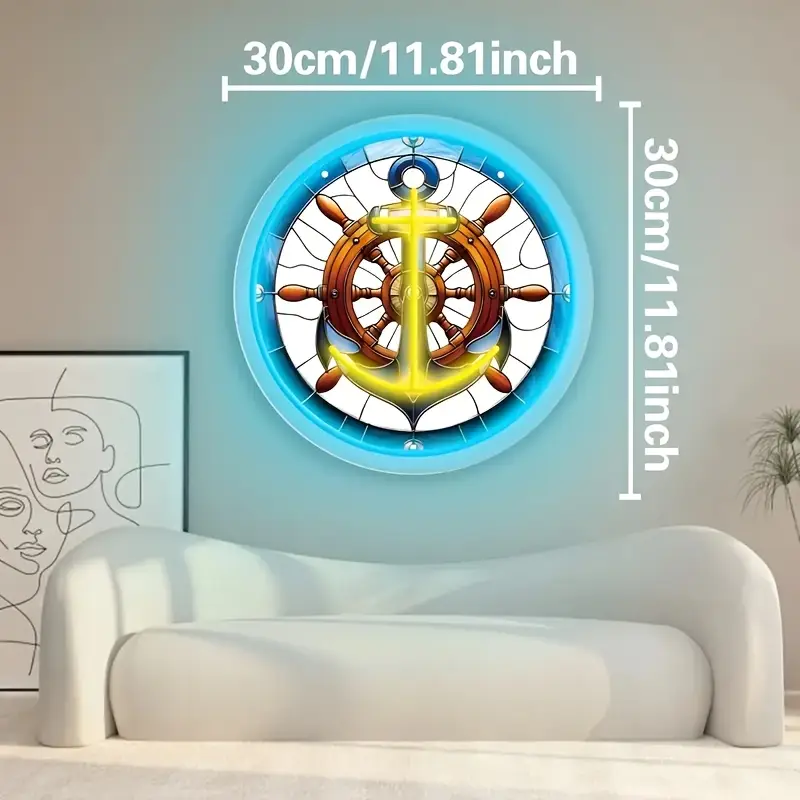 1pc Ocean Rudder LED Neon Light Wall Decor - USB-Powered Adjustable Brightness, UV Printed Underwater Theme with Nautical Wood Texture