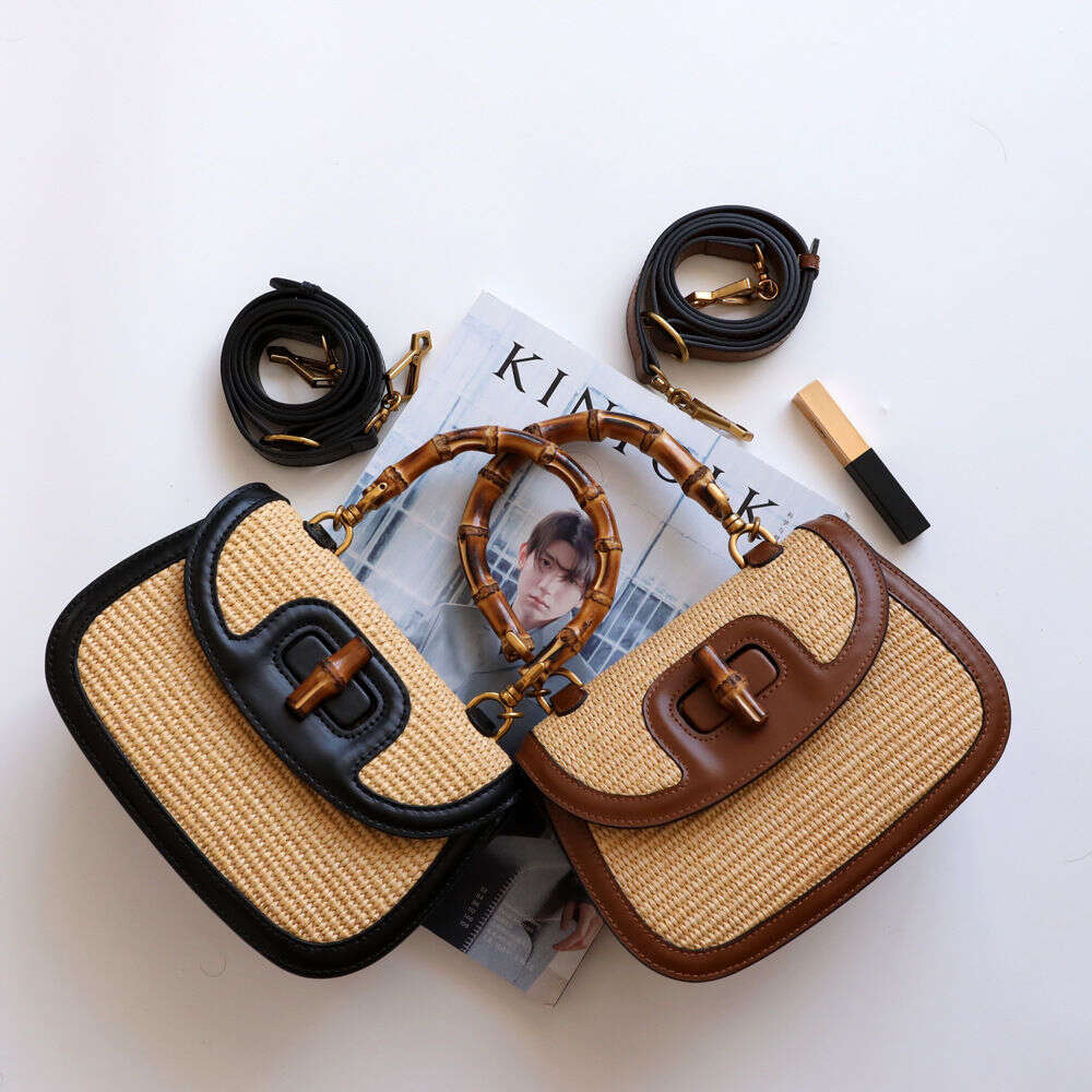 2025 genuine leather splicing grass woven shoulder crossbody bag casual bamboo section fashionable women's bag bamboo handle bags