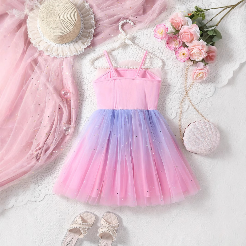 DISNEY baby Elsa Princess dress with short sleeves and mesh skirt for children's day performance summer little girl rainbow dress children's