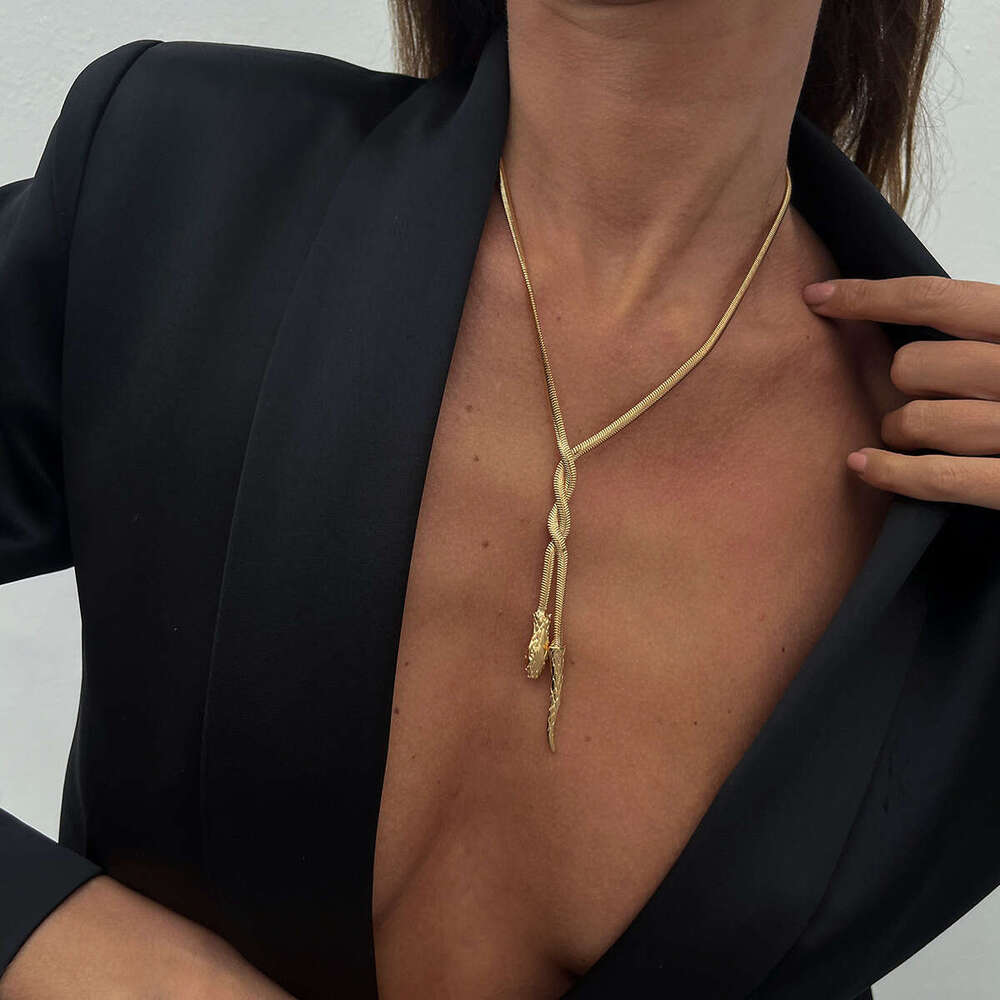 Geometric Flat Woven Alloy Necklace with Minimalist Tassel Pendant Adjustable Collarbone Chain for Modern Layering Gold and White K