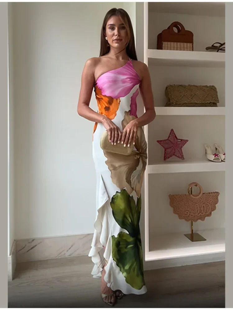 Party Ruffles Printed Women Long Vestido Chic Sleeveless Off Shoulder High Waist Slim Maxi Dress Summer Street Lady Dresses 250522