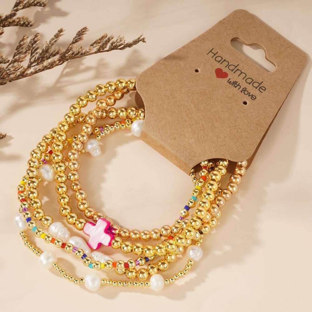 14K Gold Plated Pearl Beaded Cross Bracelets Stack Set for Women,Stretch Boho Colorful Christian Beads Ball Jewelry Friendship Summer Trendy Gift
