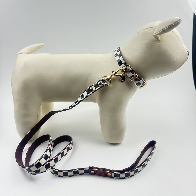 Dog Collar and Leash Set, Classic Black White Plaid Dog Leather Collar with Dog Claw Charm, Dog Leash Tangle Free, Adjustable Collars for Small Medium