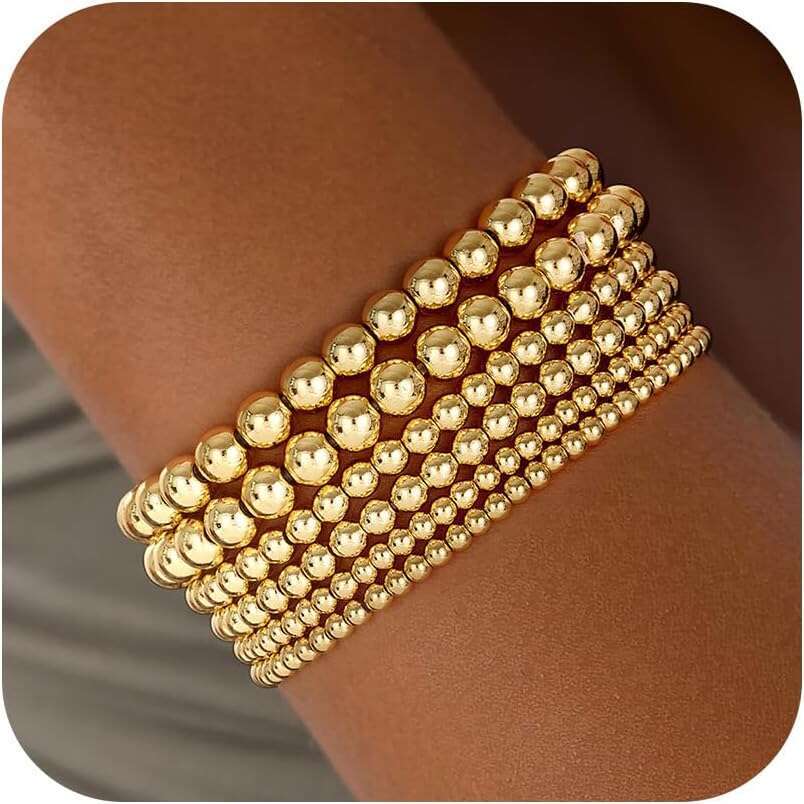Women, 14K Plated Beaded Bracelets Gold Strand Bead Ball Stack Adjustable Bracelet Set Waterproof Jewelry for Women Gifts Non Tarnish