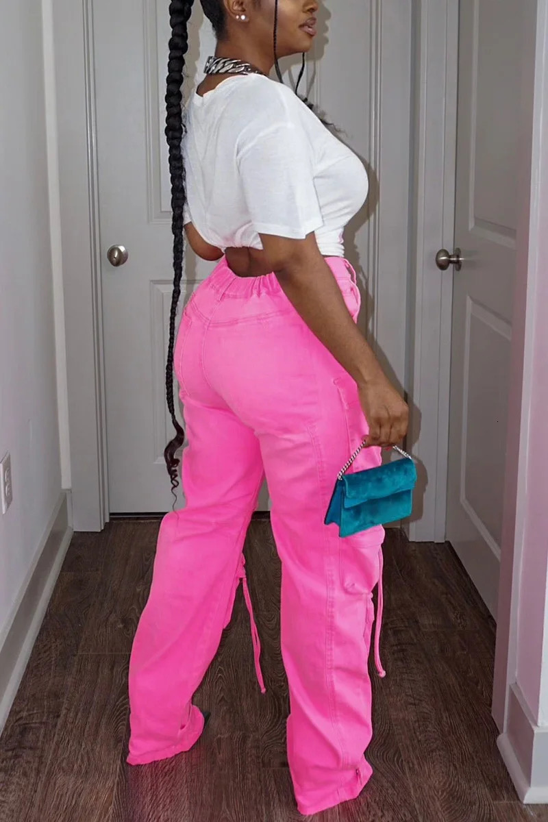 Womens Jeans Cargo Pants Pockets High Waist Y2K Vintage Streetwear Fashion Pink Denim Joggers Plus Size Women 2024 250523