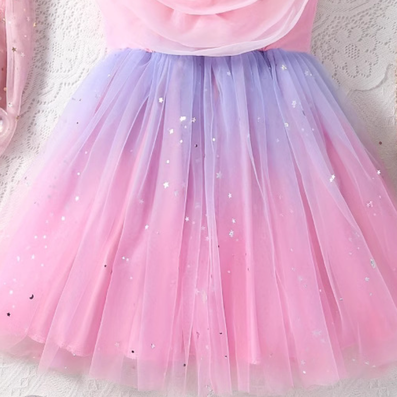DISNEY baby Elsa Princess dress with short sleeves and mesh skirt for children's day performance summer little girl rainbow dress children's