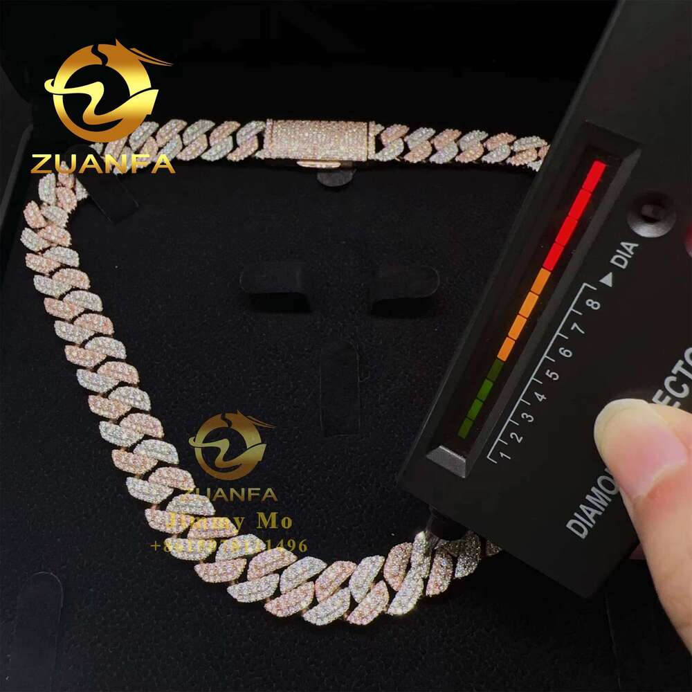 Pass Tester Solid Sier 13Mm Two Tone Color Iced Out Hip Hop Flawless Moissanite Dia Cuban Link Chain