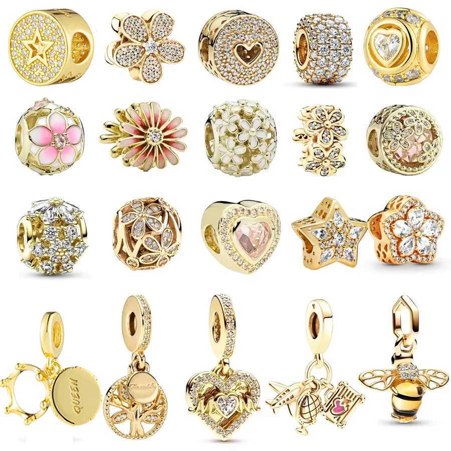 New Plated Gold Bead Pink Daisy Flower Snowflake Pav Charm Bead DIY Jewelry Fit Original 925 Sterling Silver Bracelet XJ250523
