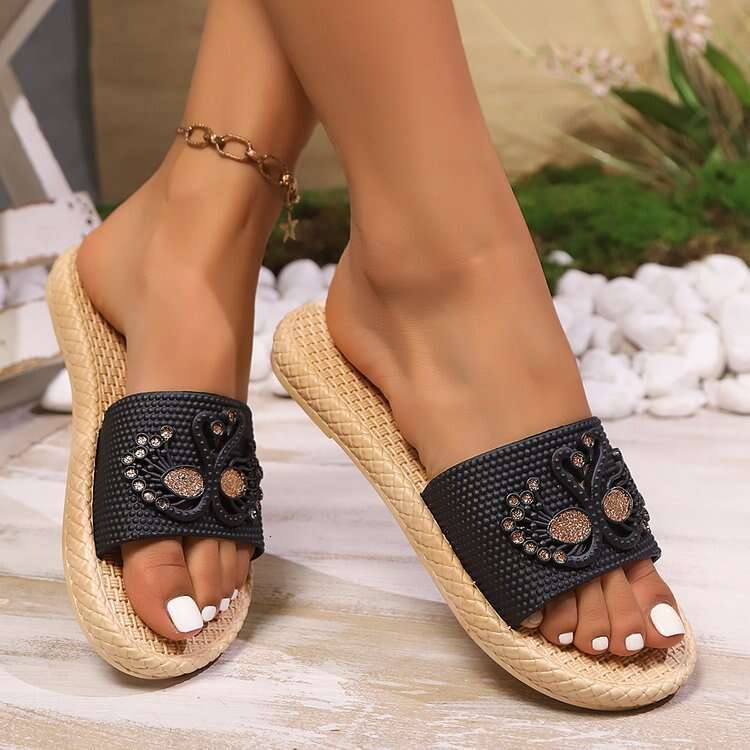 Exquisite Rhinestones Fashionable Linen Sandals Designer Sandals 2025 Home Anti Slip Flat Bottomed Silent New Chinese Style Four Season Women's S