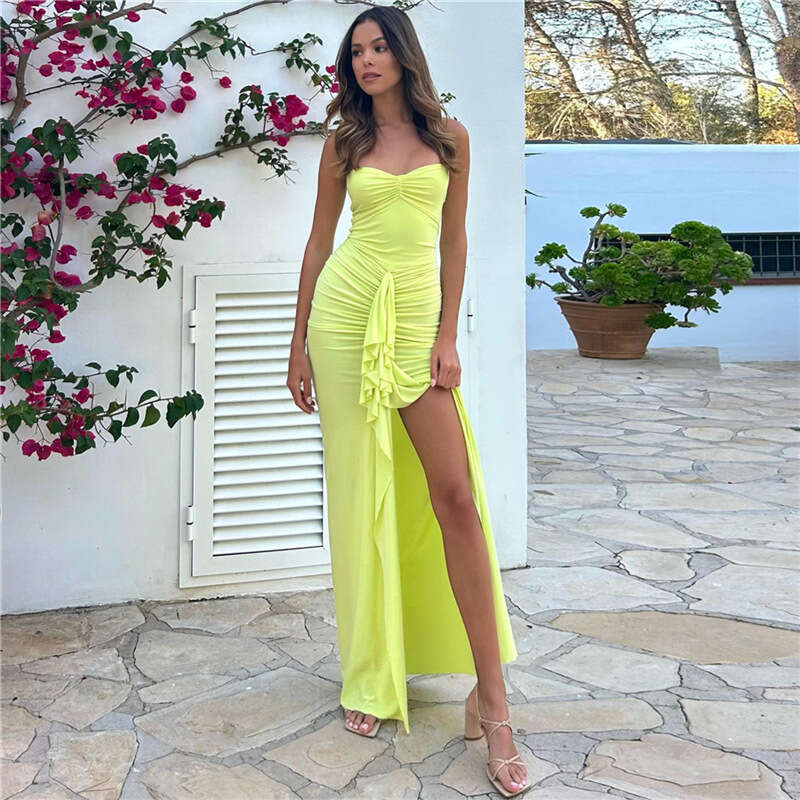 Halter Whit Maxi Dresses Wind Women S Autumn And Winter New Fashion Hanging One Line Neck Pull Pleated Split Slim Fit Dress For Women Prom Sexy Dress