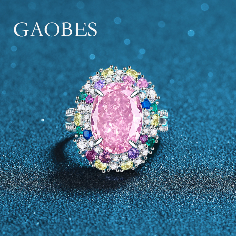 S925 Sterling Silver Padparadscha Pink High Carbon Diamond Egg-Shaped Open Band Ring, Multicolored Gemstone Women's Fashionable Luxury Diamond Ri