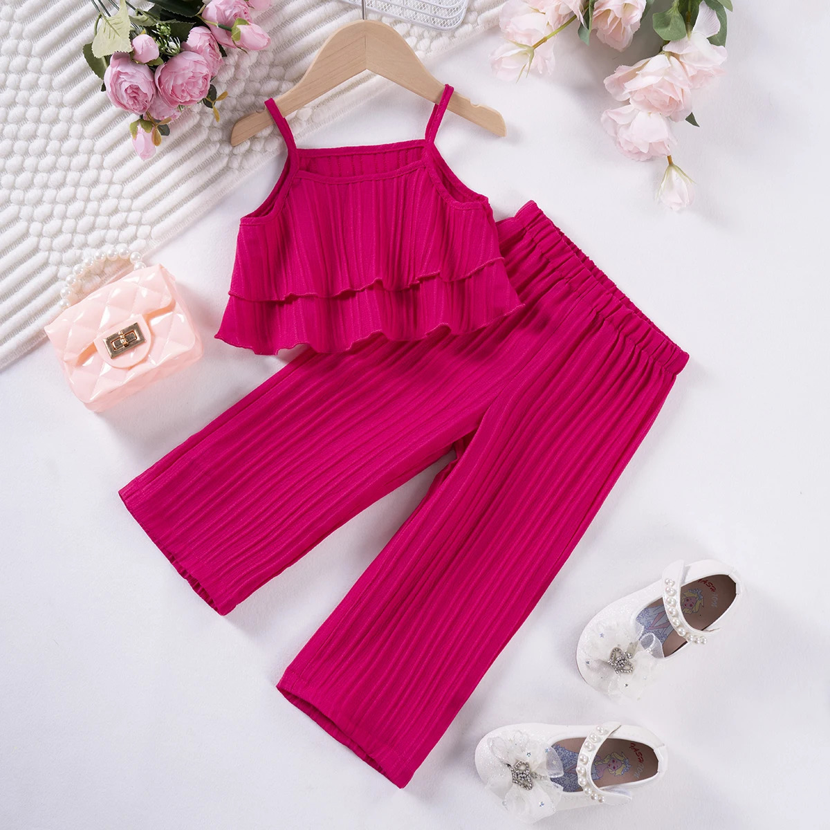 2024 Summer Selling Casual Fashion Set for Girls Solid Color Strap Pants Wave Stripe Style Daily Wear 250517z