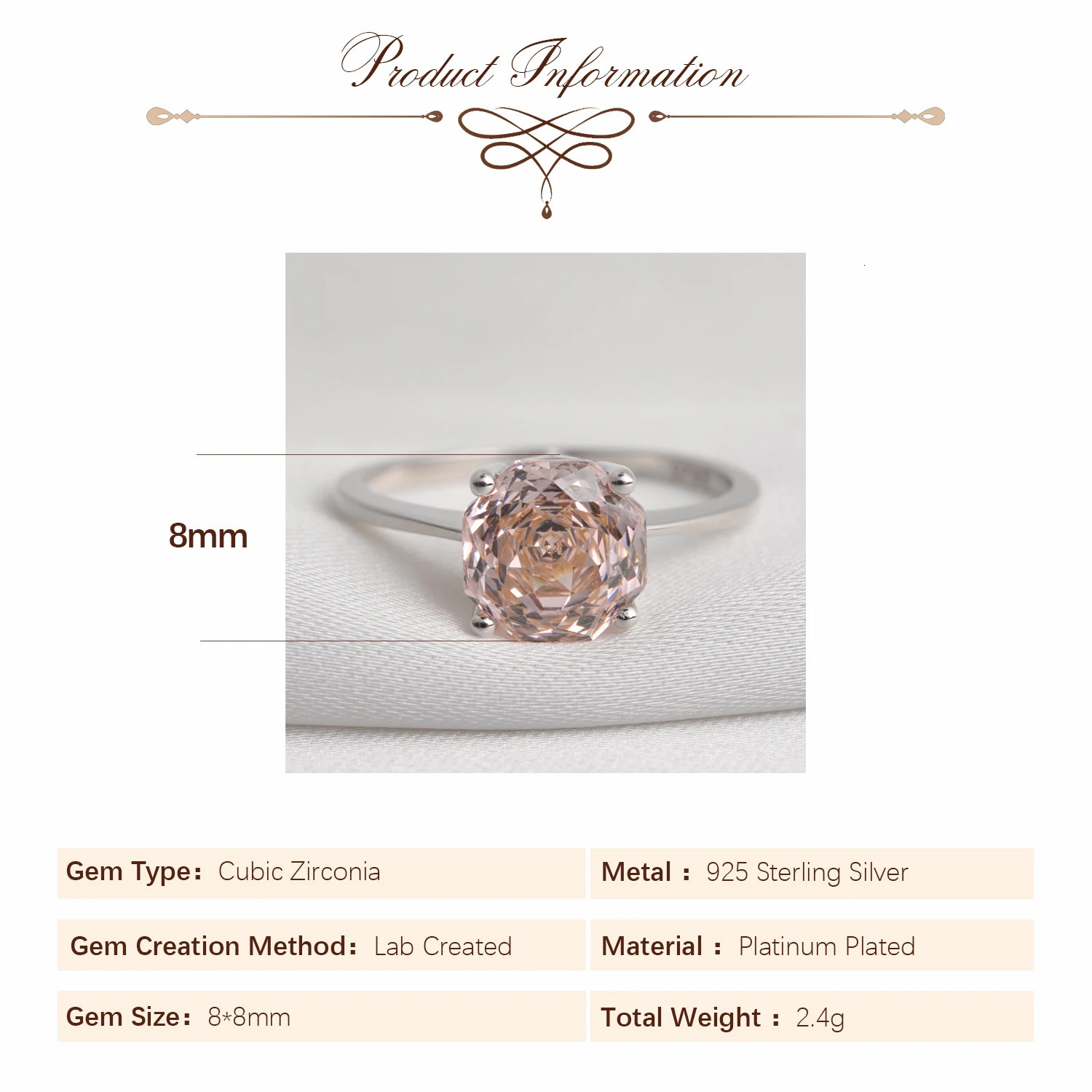 Potiy 2ct Octagon Rose Cut Morganite Pink Cubic Zirconia Solitaire Ring 925 Sterling Silver Jewelry Gift for Women with 250604