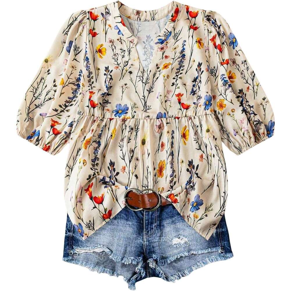 DHessential Women's Floral Notched Blouse Puff Sleeve Ruffle Hem Summer Shirt Tops