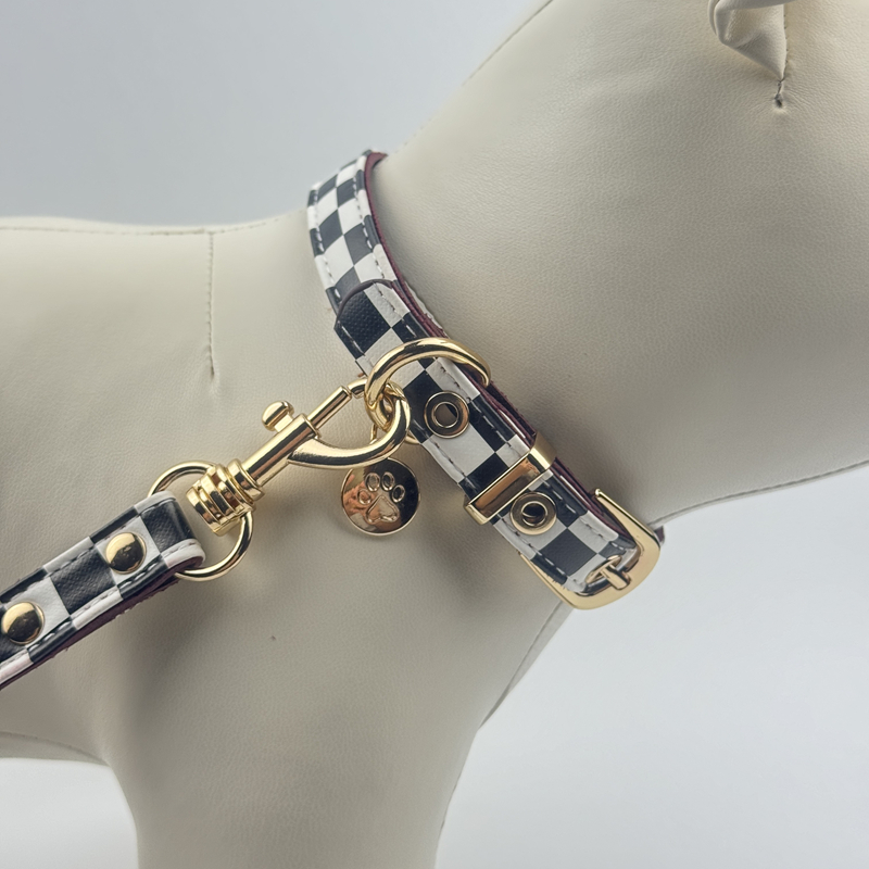 Dog Collar and Leash Set, Classic Black White Plaid Dog Leather Collar with Dog Claw Charm, Dog Leash Tangle Free, Adjustable Collars for Small Medium