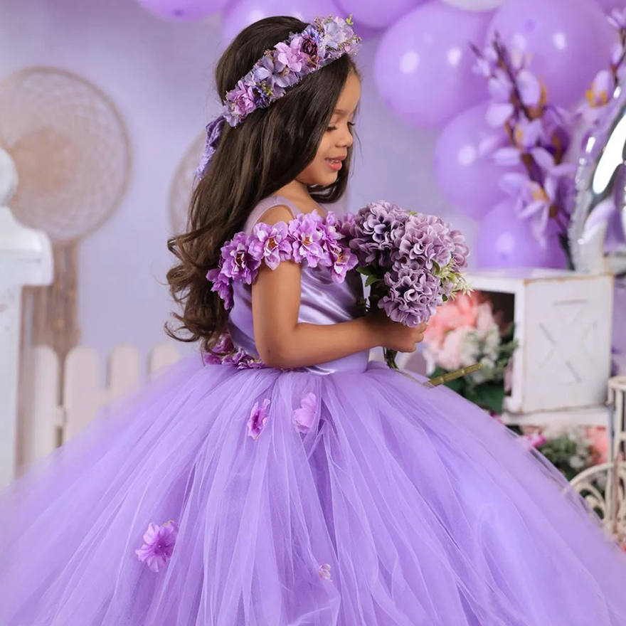 2025 Purple Little Girls Birthday Dress Flower Girl Dress Communion Gowns Sheer Neck Hand Made Flowers Princess Queen Birthday Party Dress for Little 