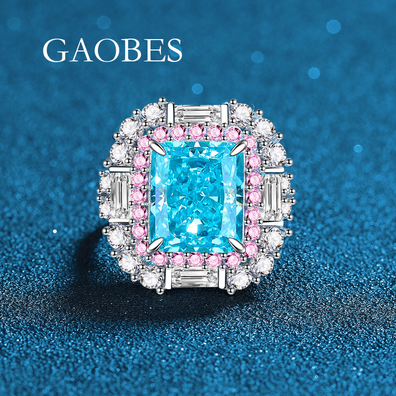 S925 Sterling Silver Open Band Ring, Sea Blue High Carbon Diamond Surrounded by Pink Gemstones, Fashionable Diamond Ring for Women, Luxury Wedding Rin