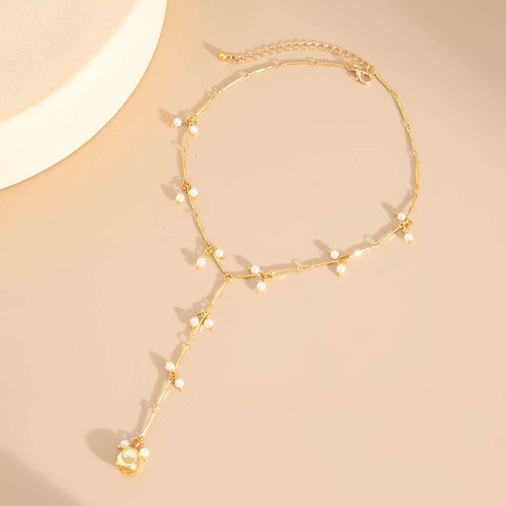 French Inspired Layered Pearl Necklace with Metallic Fringe Pendants Adjustable Bohemian Collarbone Chain Gold Alloy