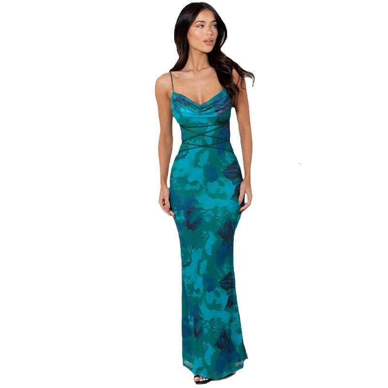 Halter Whit Maxi Dresses Women S Summer Sexy Backless Lace Up Slim Fit Printed Strap Dress Prom Sexy Dress