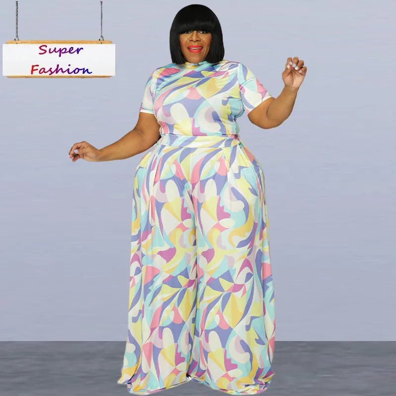 XL4XL Plus Size Pant Suits Summer Women Clothing Printing Straps Short Sleeve Crew Neck Casual Two Piece Sets Wholesale 250513Z