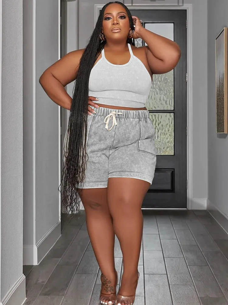 2 Pieces Set Sexy Plus Size Summer Fashion Women Female Tops Sleeveless And Shorts Suit Matching Outfit Oversized 250516Z
