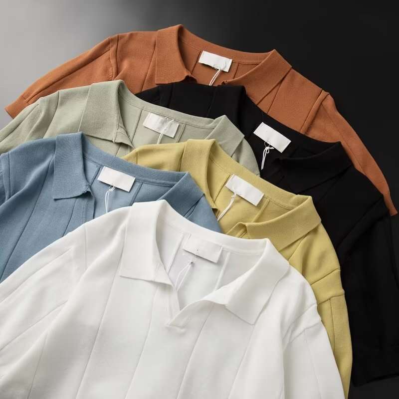 Summer Thin Knitted Ice Silk Solid Short Sleeve Paul Shirt Men's Simple Multi Color Collar Top Clothes