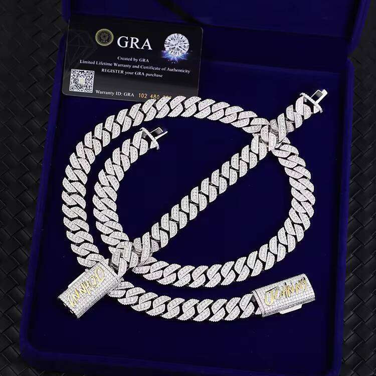 Heavy Solid Sterling Sier 16Mm Mens Vvs1 Round White Moissanite Dias Cuban Link Chain Come With GRA Certificate