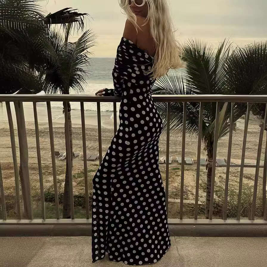 Halter Whit Maxi Dresses Spring Summer New Yarn Mesh Dot Spliced One Shoulder Sexy Slim Fit Dress For Women Prom Sexy Dress
