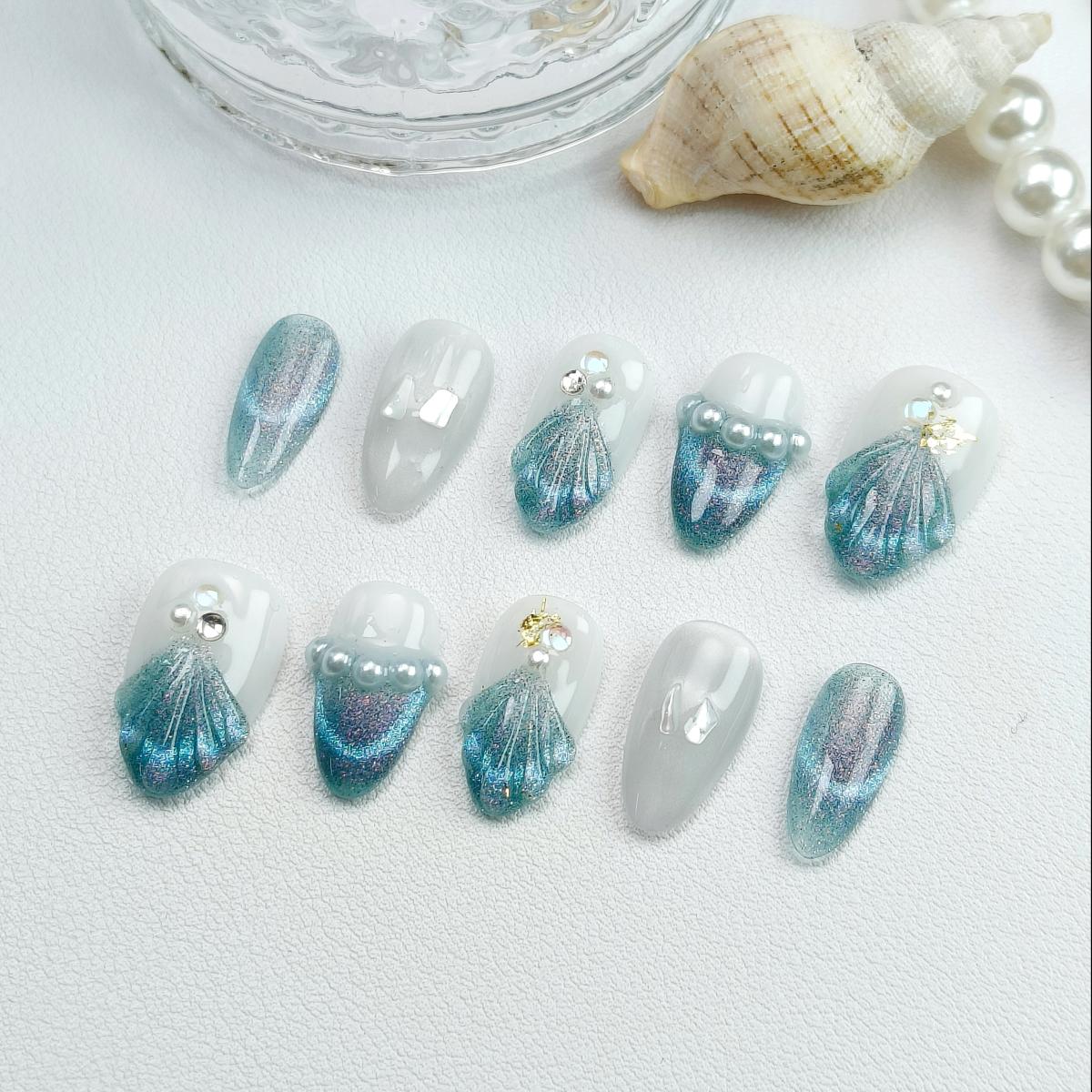10pcs Mermaid Handmade Press-on nail Short Almond Nails Bundle 3D Hand drawn Sweet Pearl Cat Eye Finished nail stickers Free storage box jelly glue na