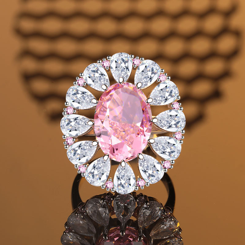 European & American High-End Design S925 Sterling Silver Ice Flower Cut Oval Pink Gemstone Ring, Full Diamond Accent Band, Luxury Fashion Ring for Wom
