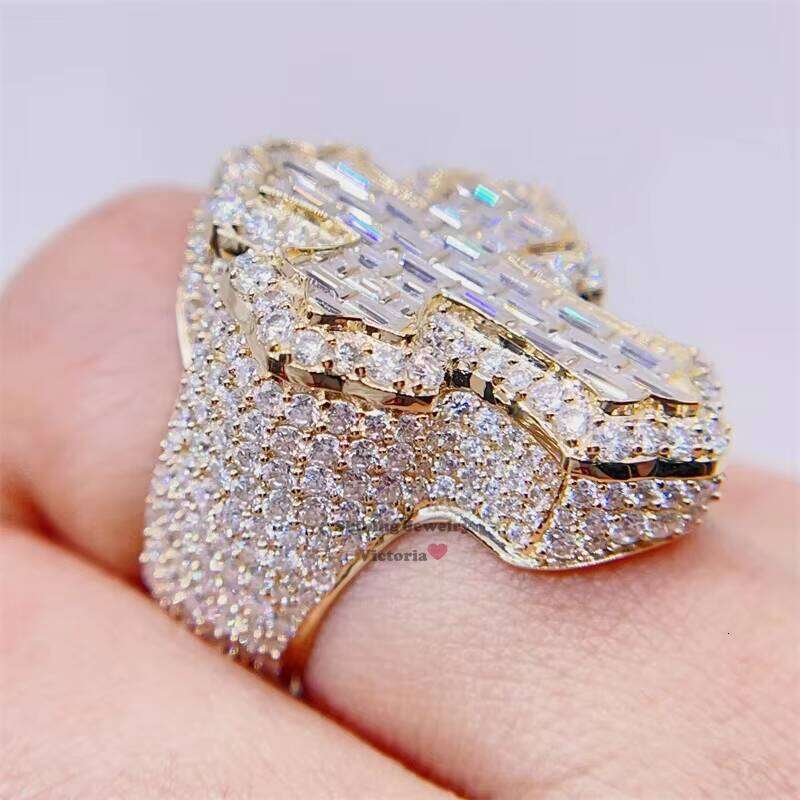 Pass Tester Mens Hip Hop Iced Long Stick Bread Cutting Moissanite 10K Gold Ring