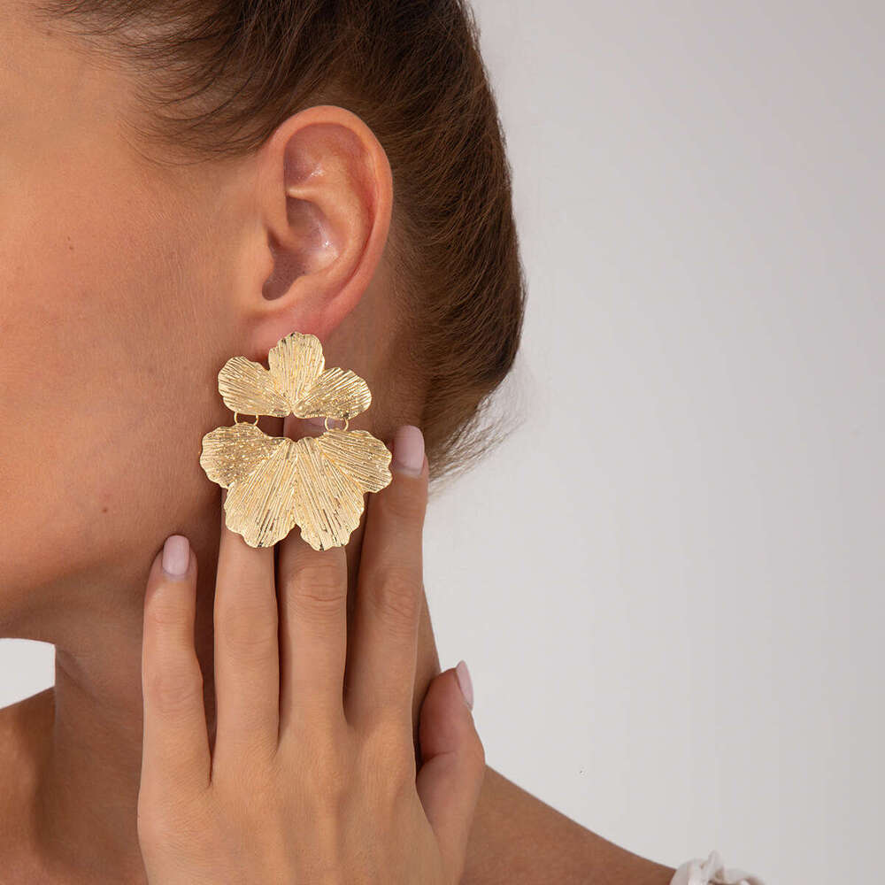 Ins style metallic texture earrings exaggerated personality three-dimensional flower ear accessories