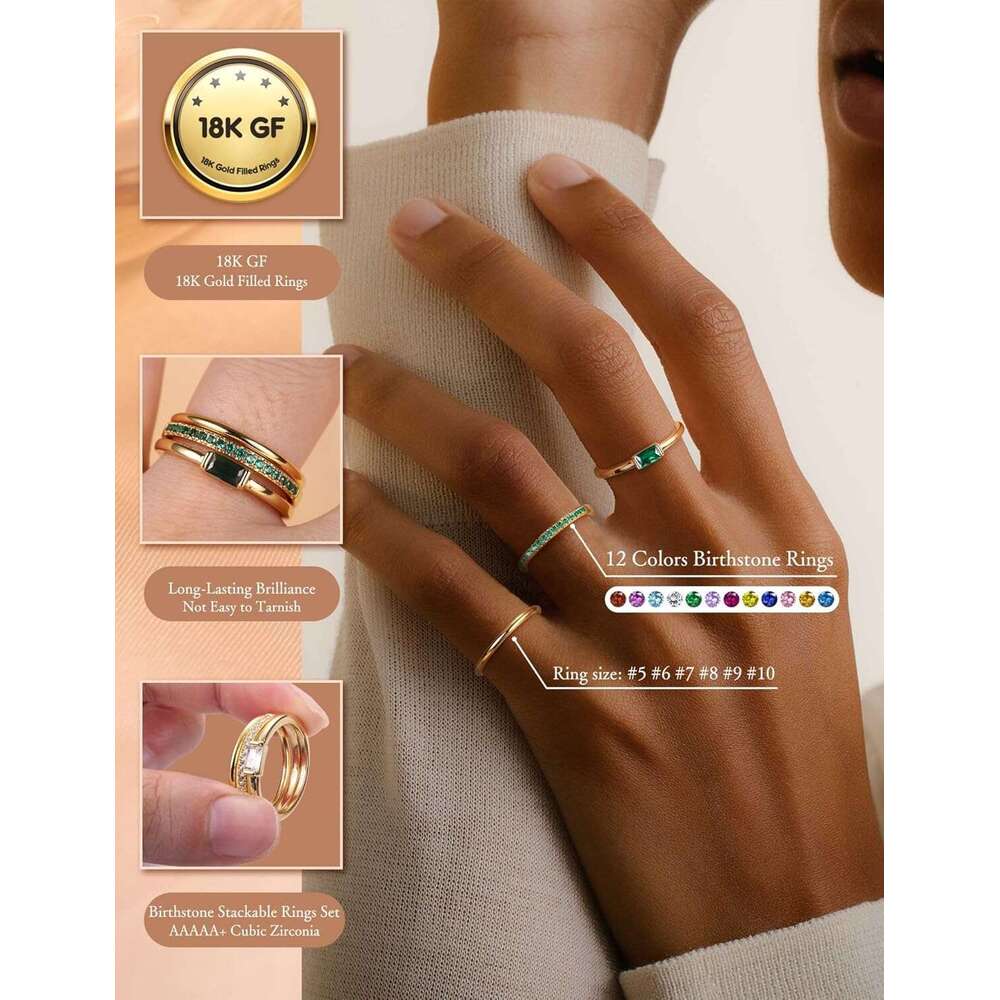 Women's Stackable Birthstone Plated Non Color Changing Exquisite Gold Stacked Set - Zirconia Thumb Joint Wedding Engagement Ring Suitable for Her