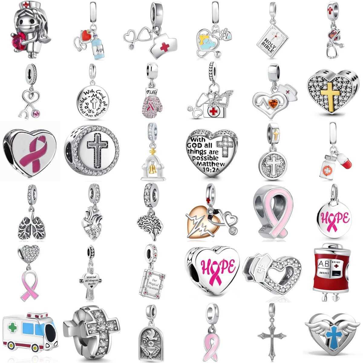 925 Silver Nurse Pink Ribbon Ambulance Medical Equipment Charm Pendant Bead Suitable for Original Bracelet DIY Womens JewelryXJ250523